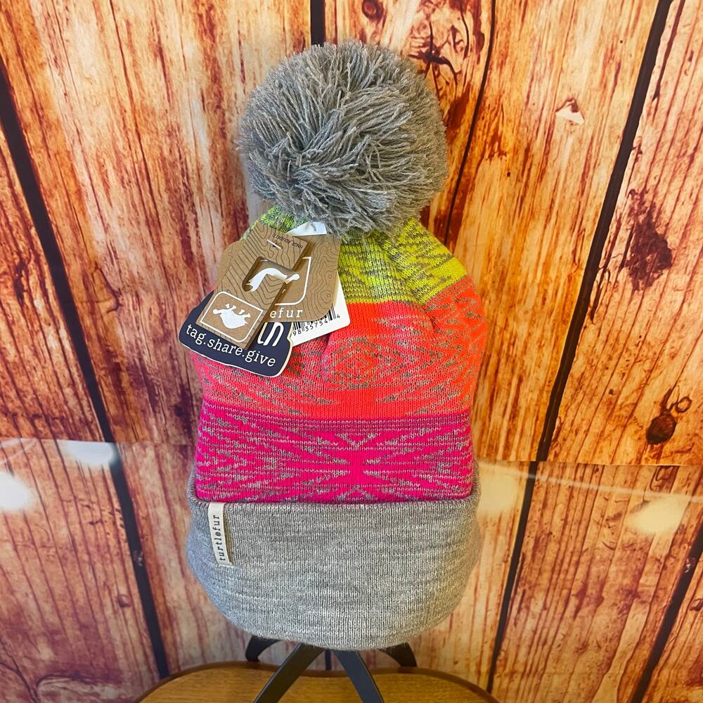 NWT Turtle Fur Meadow Kids Knit Beanie Gray/Hot Pink/Orange/Yellow Puff Ball
